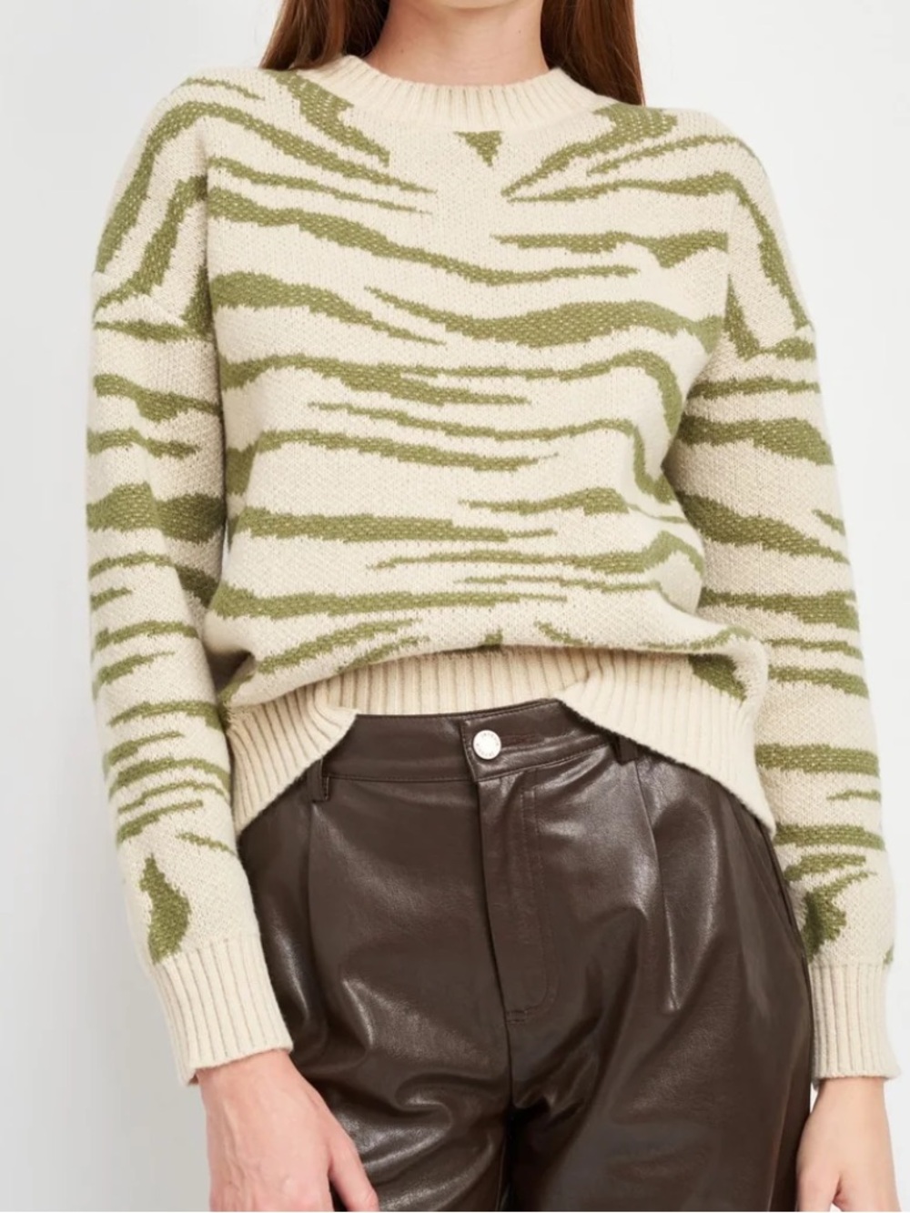 Jacquie the Label Zebra Stripes Print Chunky Sweater Green Cream Women Large L